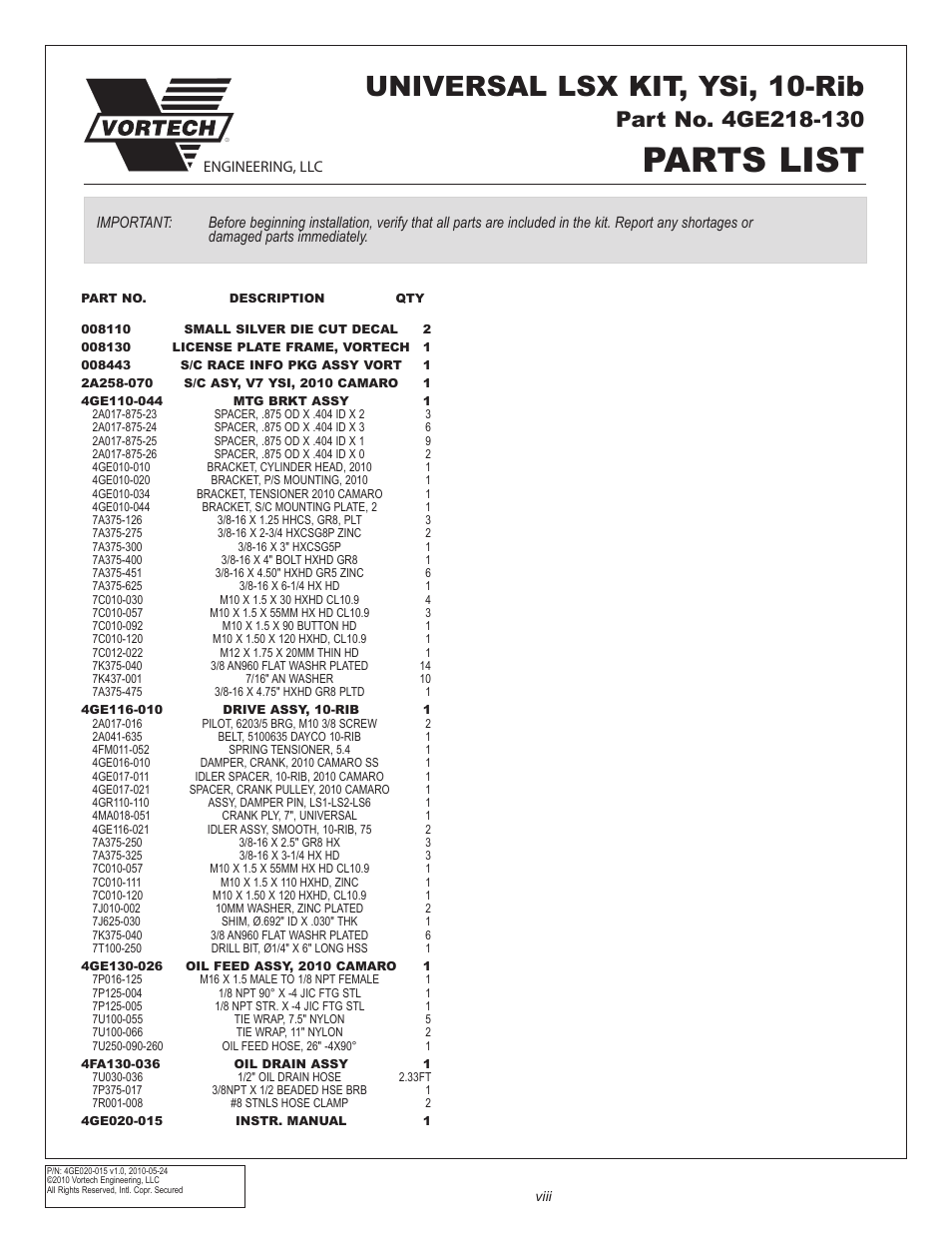 Parts list, Universal lsx kit, ysi, 10-rib | Vortech Universal GM LSX Tuner Kits User Manual | Page 8 / 42