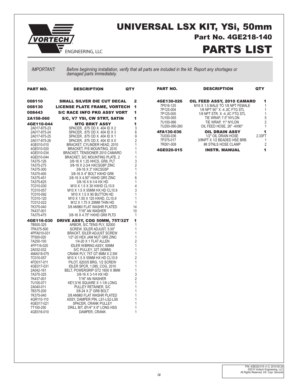Parts list, Universal lsx kit, ysi, 50mm | Vortech Universal GM LSX Tuner Kits User Manual | Page 9 / 42