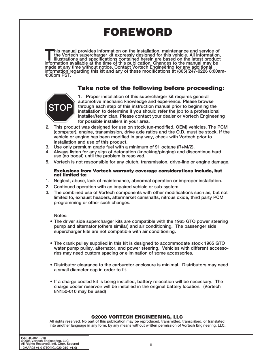 Foreword, Stop | Vortech 1964-1967 Pontiac GTO Carbureted User Manual | Page 2 / 27