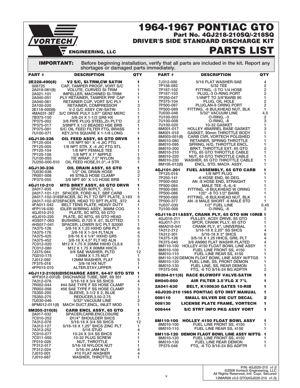 Parts list | Vortech 1964-1967 Pontiac GTO Carbureted User Manual | Page 5 / 27