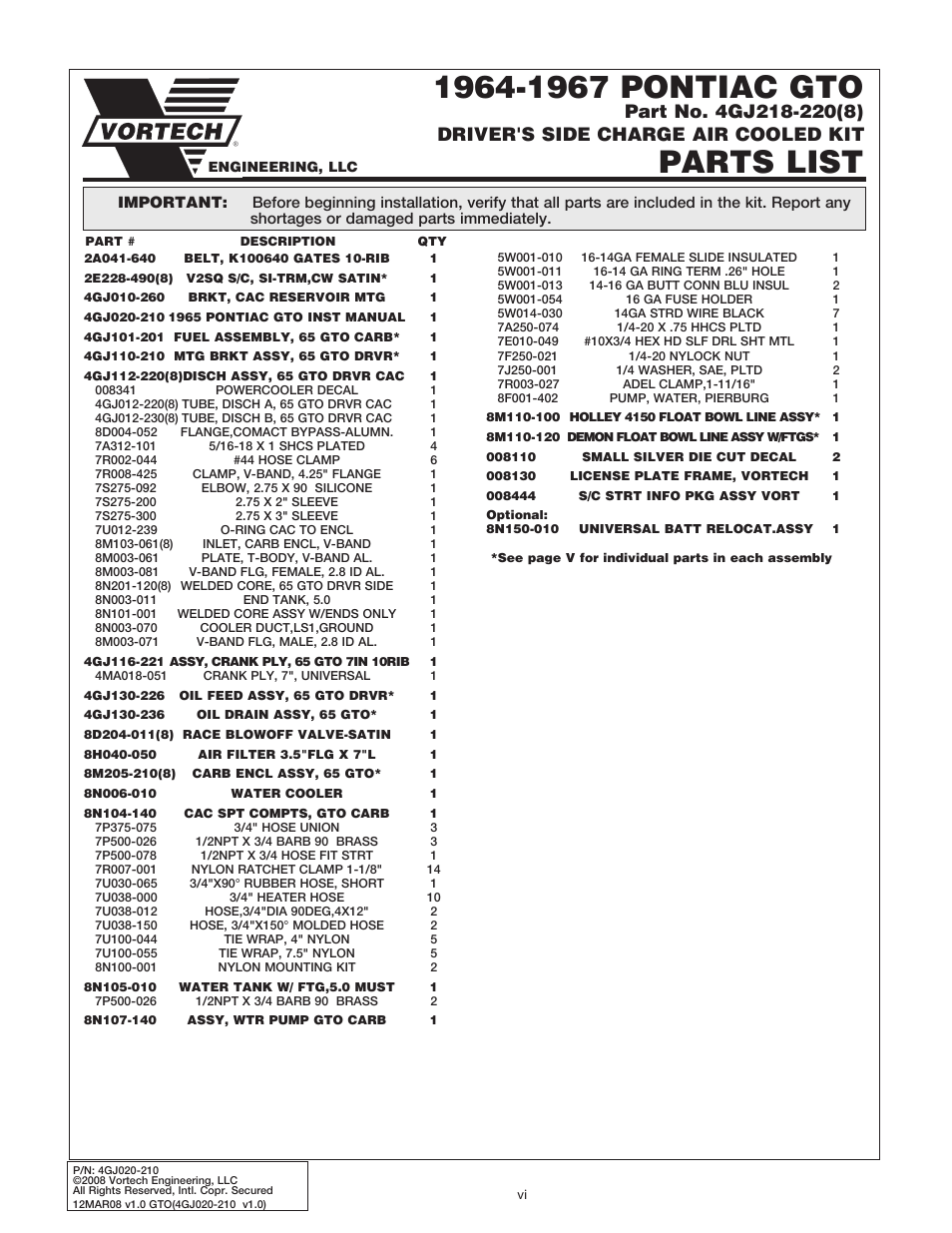 Parts list, Driver's side charge air cooled kit | Vortech 1964-1967 Pontiac GTO Carbureted User Manual | Page 6 / 27