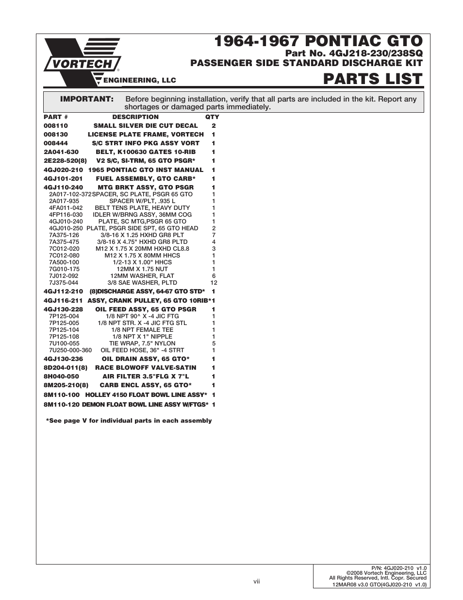 Parts list | Vortech 1964-1967 Pontiac GTO Carbureted User Manual | Page 7 / 27