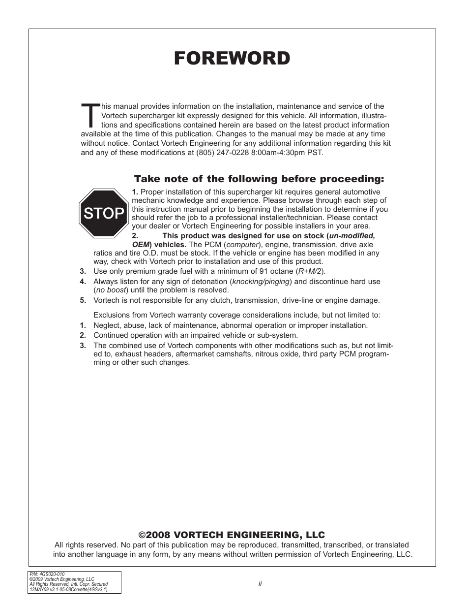 Foreword, Stop | Vortech 2005-2008 C6 Corvette User Manual | Page 2 / 27