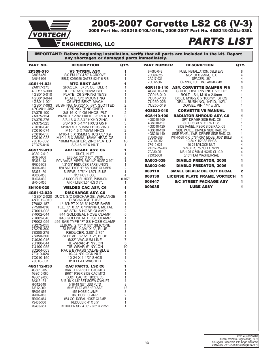 Parts list, Engineering, llc | Vortech 2005-2008 C6 Corvette User Manual | Page 7 / 27