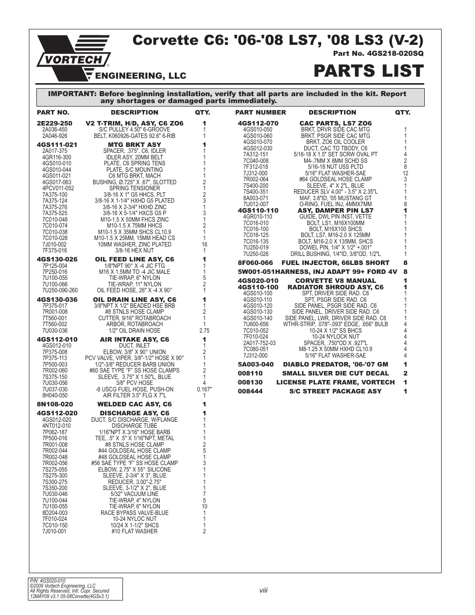 Parts list, Engineering, llc | Vortech 2005-2008 C6 Corvette User Manual | Page 8 / 27