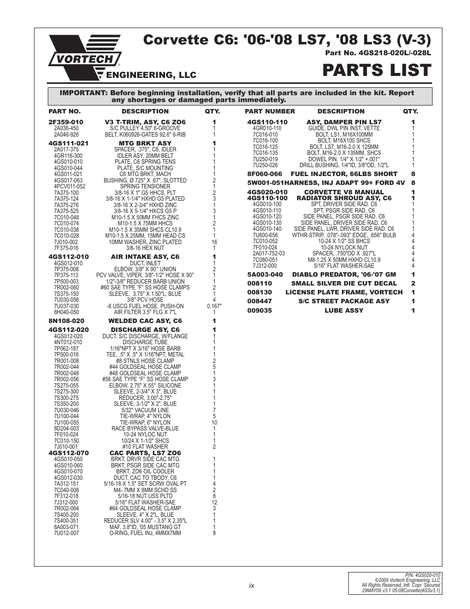 Parts list, Engineering, llc | Vortech 2005-2008 C6 Corvette User Manual | Page 9 / 27