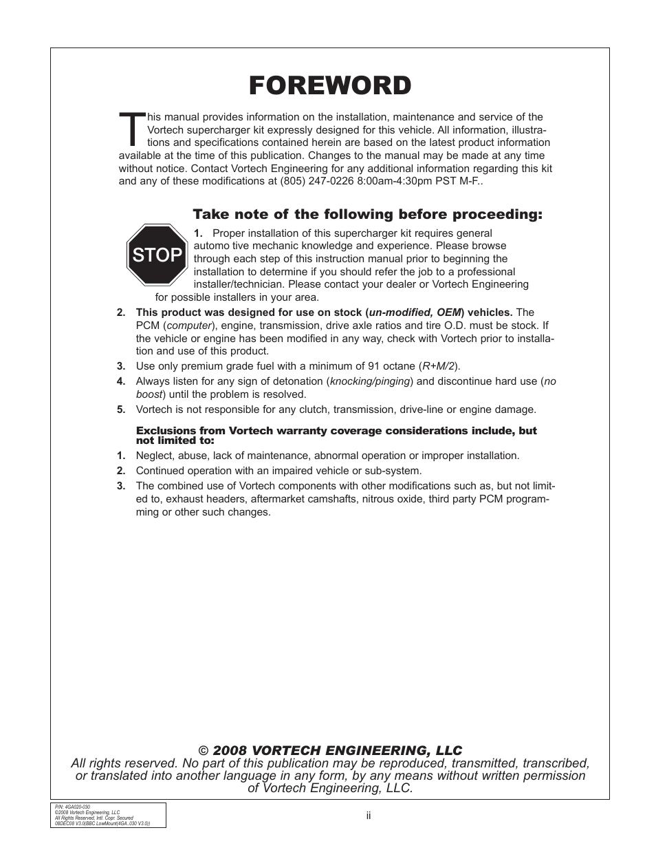 Foreword, Stop | Vortech Universal Big Block Carbureted System User Manual | Page 2 / 24