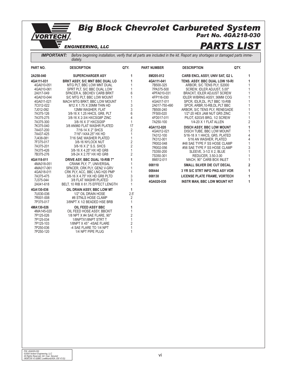 Parts list, Big block chevrolet carbureted system | Vortech Universal Big Block Carbureted System User Manual | Page 6 / 24