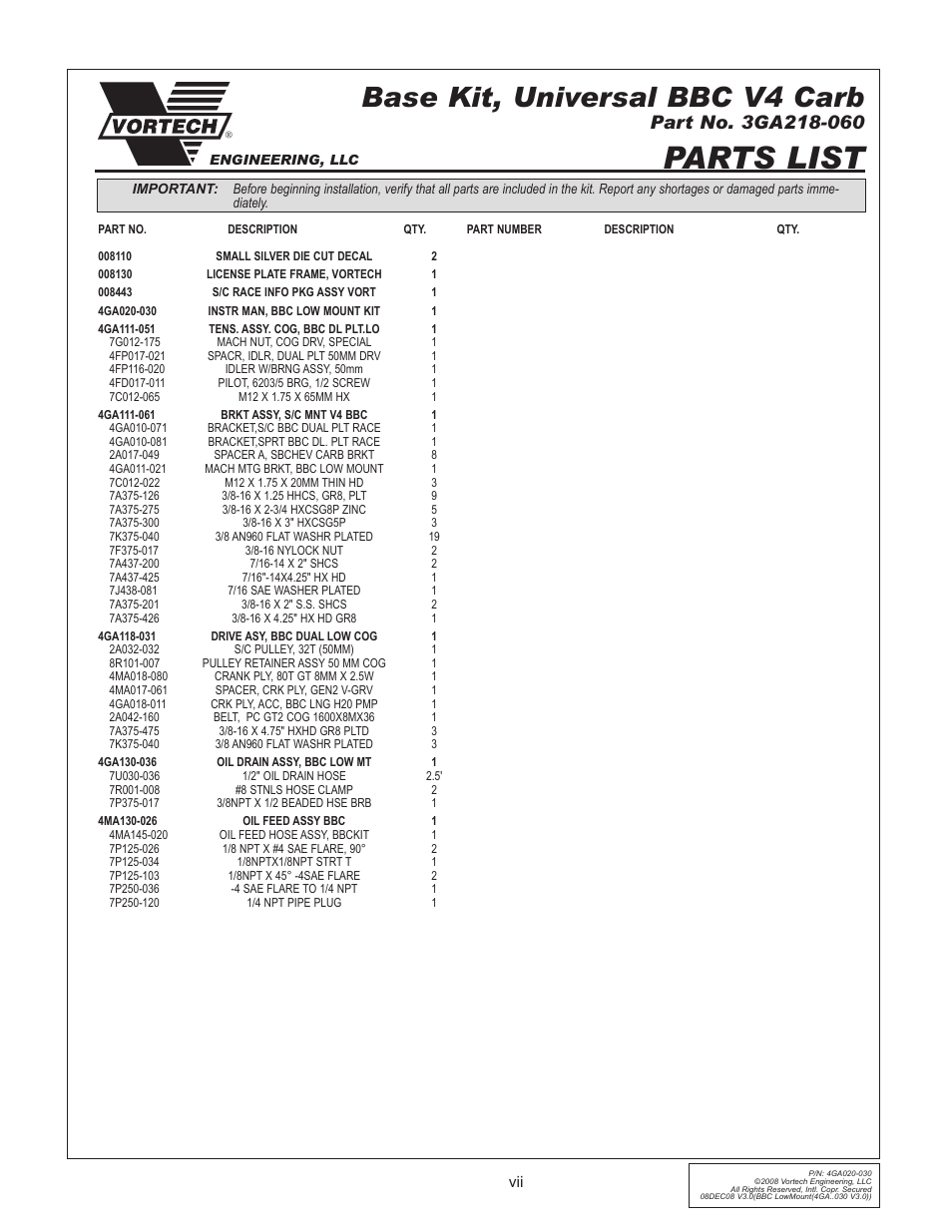 Parts list, Base kit, universal bbc v4 carb | Vortech Universal Big Block Carbureted System User Manual | Page 7 / 24
