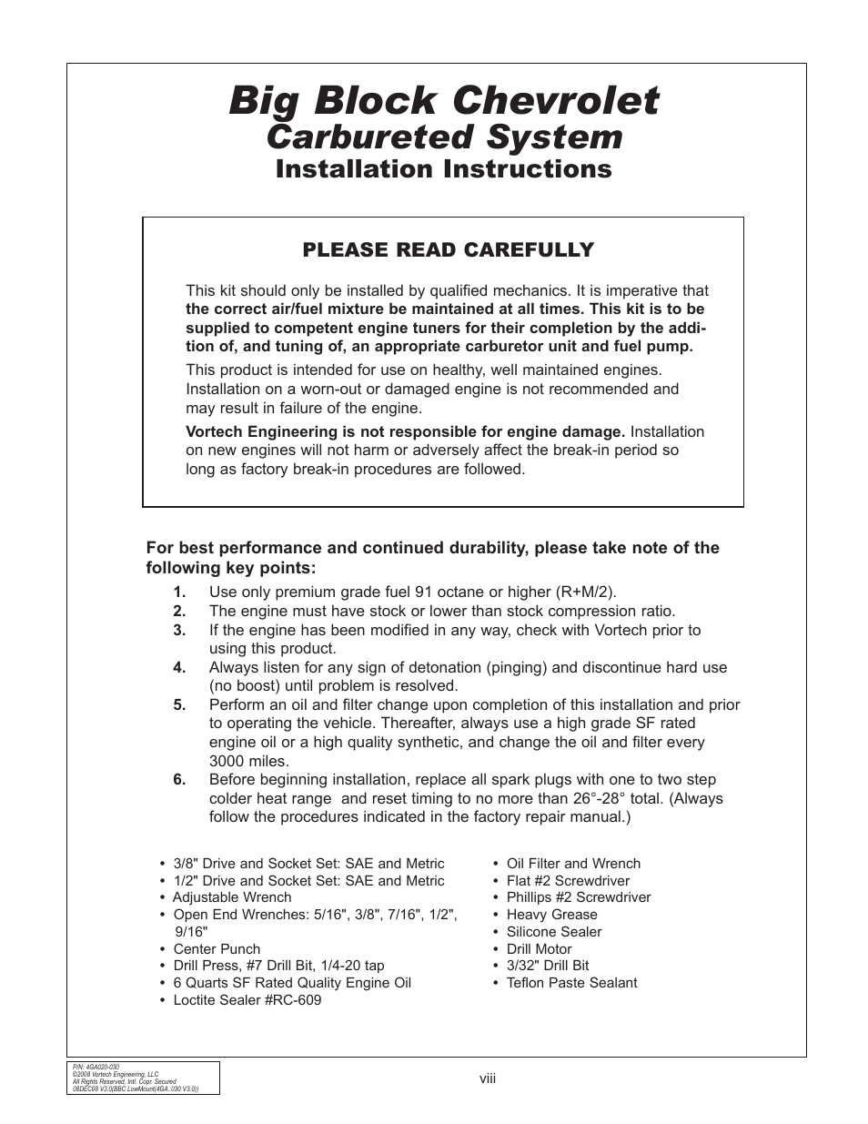 Big block chevrolet, Carbureted system, Installation instructions | Please read carefully | Vortech Universal Big Block Carbureted System User Manual | Page 8 / 24