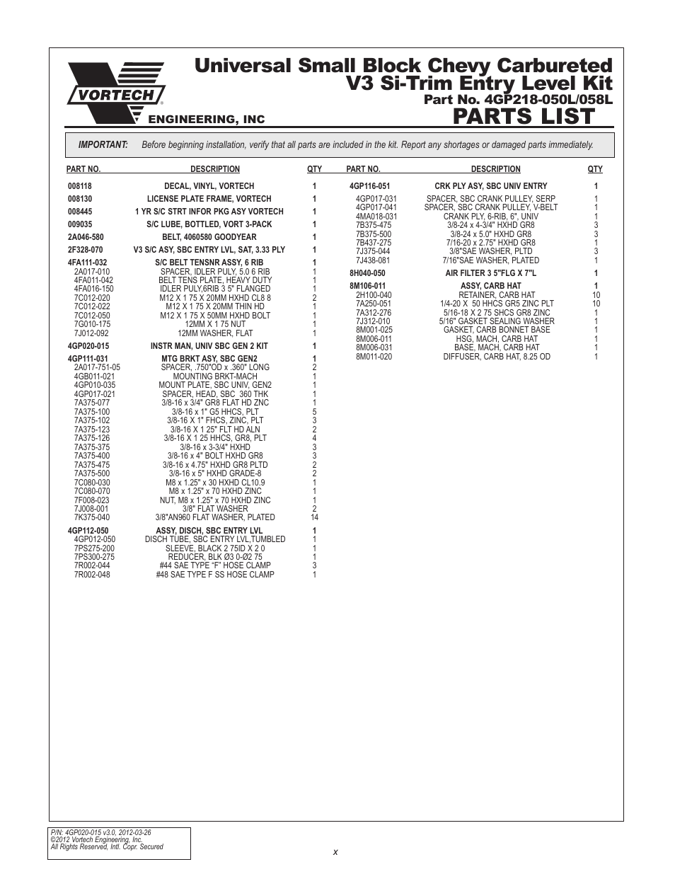Parts list | Vortech Universal Small Block Chevy Carbureted User Manual | Page 10 / 26