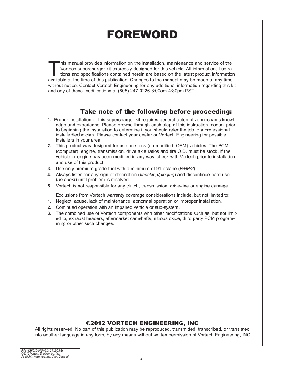 Foreword | Vortech Universal Small Block Chevy Carbureted User Manual | Page 2 / 26