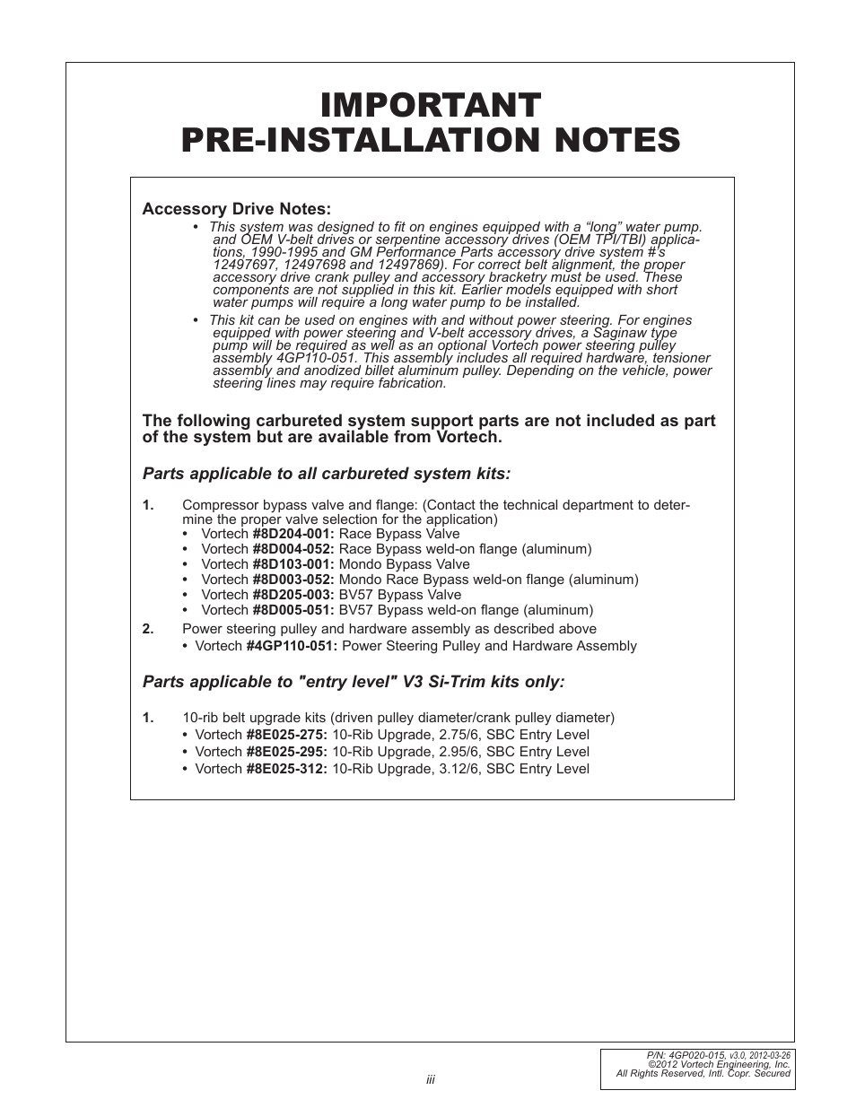 Vortech Universal Small Block Chevy Carbureted User Manual | Page 3 / 26