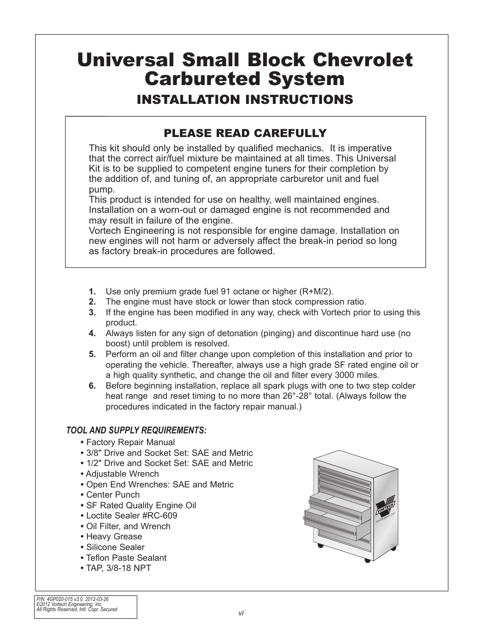 Universal small block chevrolet carbureted system, Installation instructions, Please read carefully | Vortech Universal Small Block Chevy Carbureted User Manual | Page 6 / 26