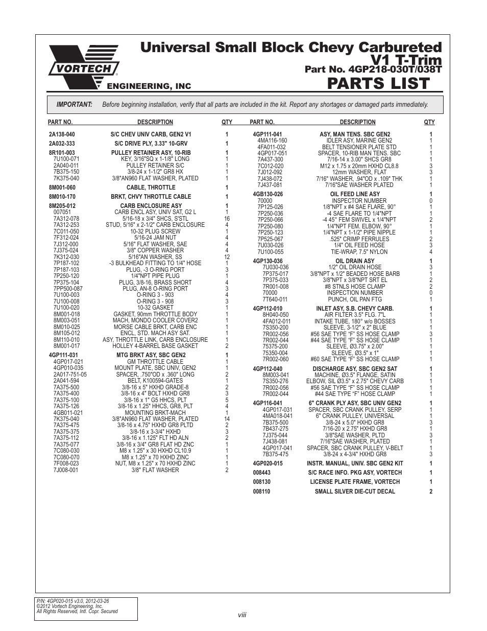 Parts list, Universal small block chevy carbureted v1 t-trim | Vortech Universal Small Block Chevy Carbureted User Manual | Page 8 / 26