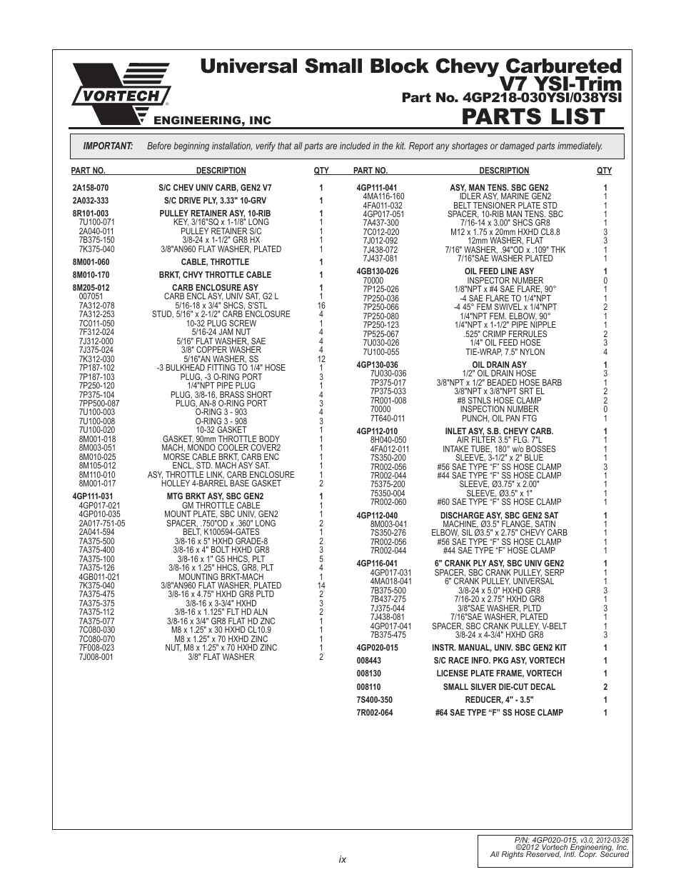 Parts list, Universal small block chevy carbureted v7 ysi-trim | Vortech Universal Small Block Chevy Carbureted User Manual | Page 9 / 26
