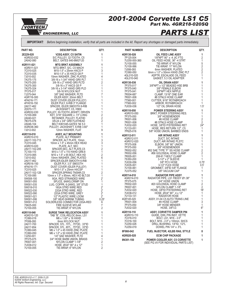 Parts list | Vortech 1997-2004 C5 Corvette User Manual | Page 10 / 40