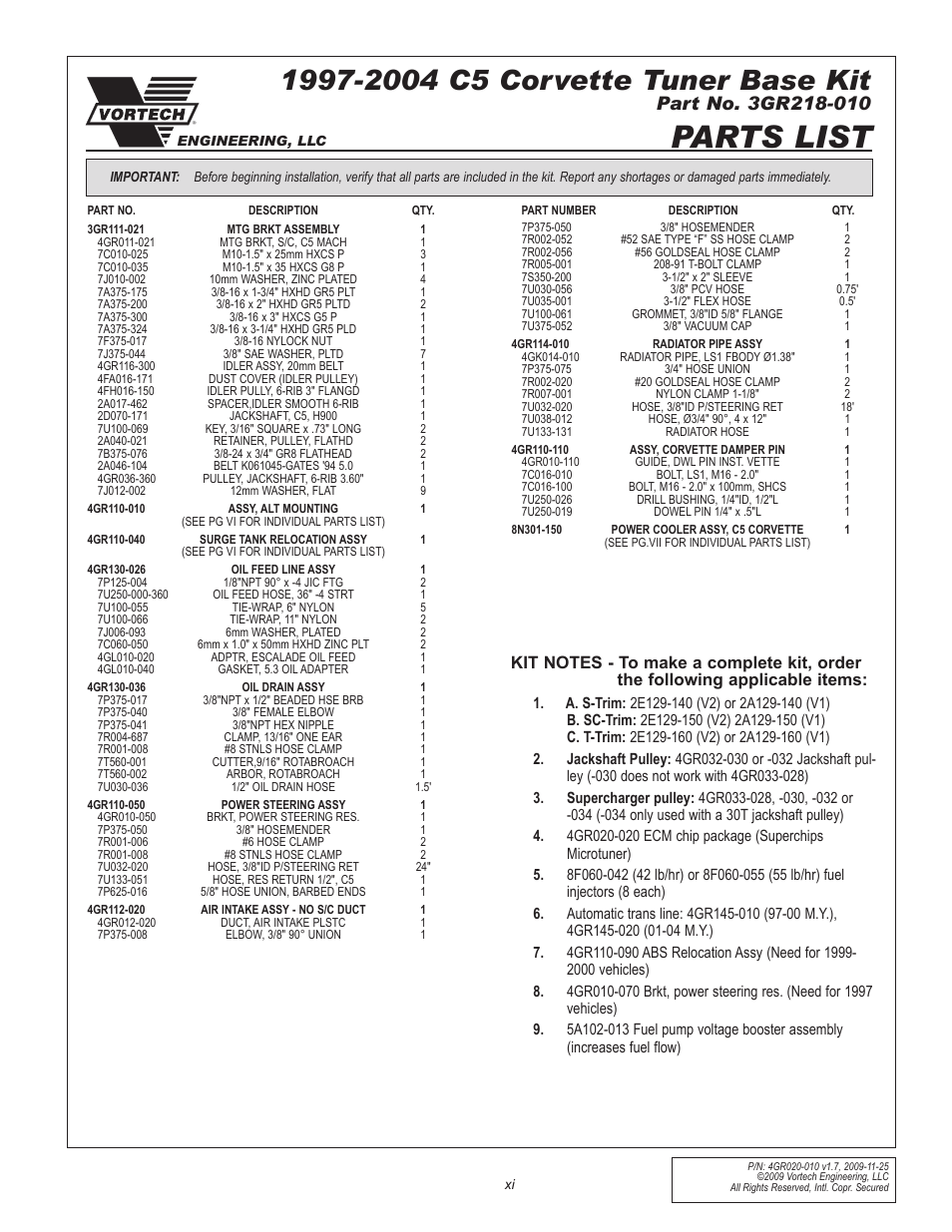 Parts list | Vortech 1997-2004 C5 Corvette User Manual | Page 11 / 40
