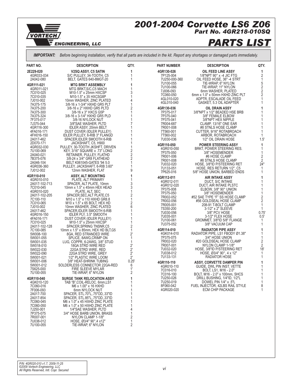 Parts list | Vortech 1997-2004 C5 Corvette User Manual | Page 6 / 40