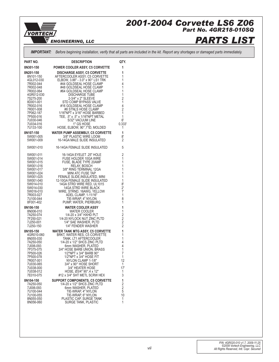 Parts list | Vortech 1997-2004 C5 Corvette User Manual | Page 7 / 40