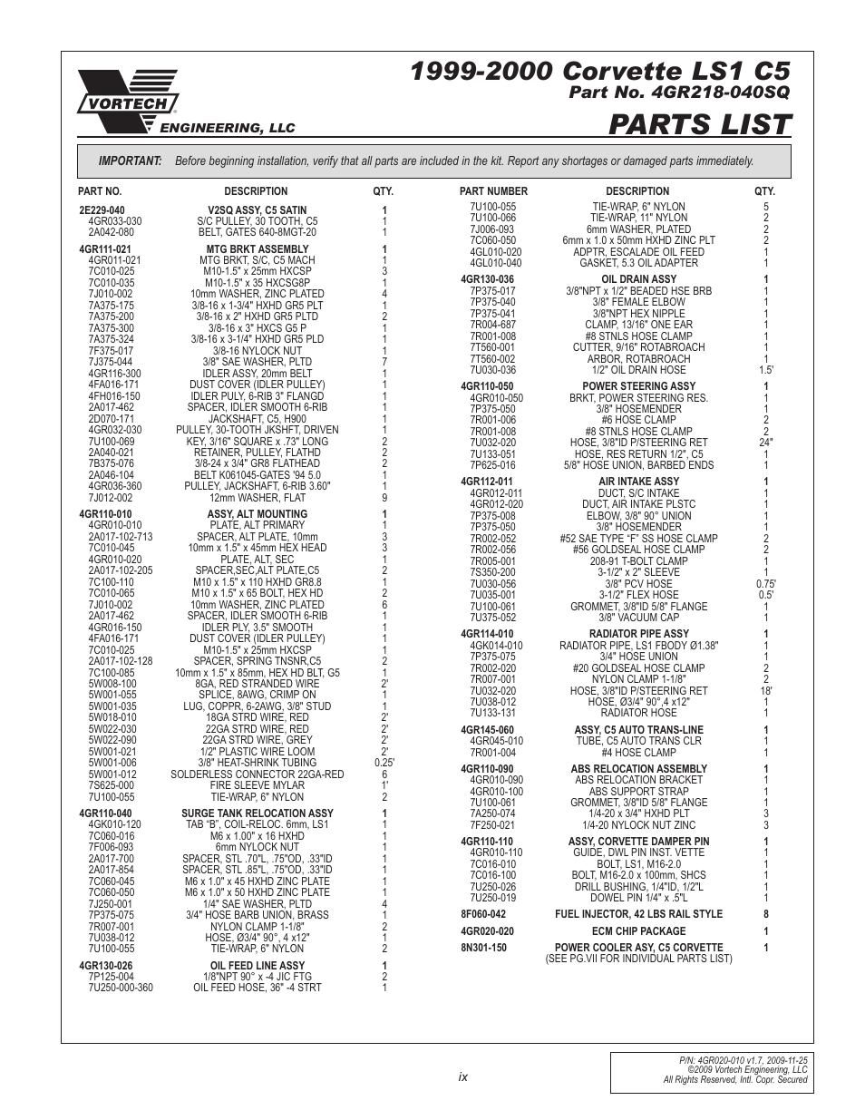 Parts list | Vortech 1997-2004 C5 Corvette User Manual | Page 9 / 40