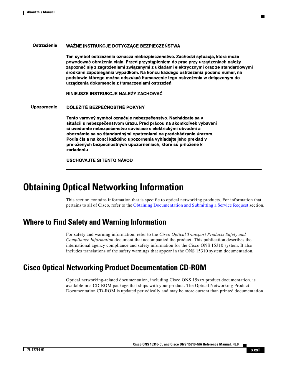 Obtaining optical networking information, Where to find safety and warning information | Cisco 15310-MA User Manual | Page 9 / 10