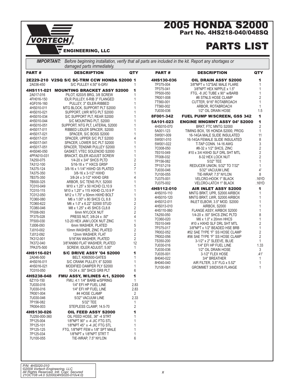 Parts list | Vortech 2000-2008 Honda S2000 User Manual | Page 10 / 52