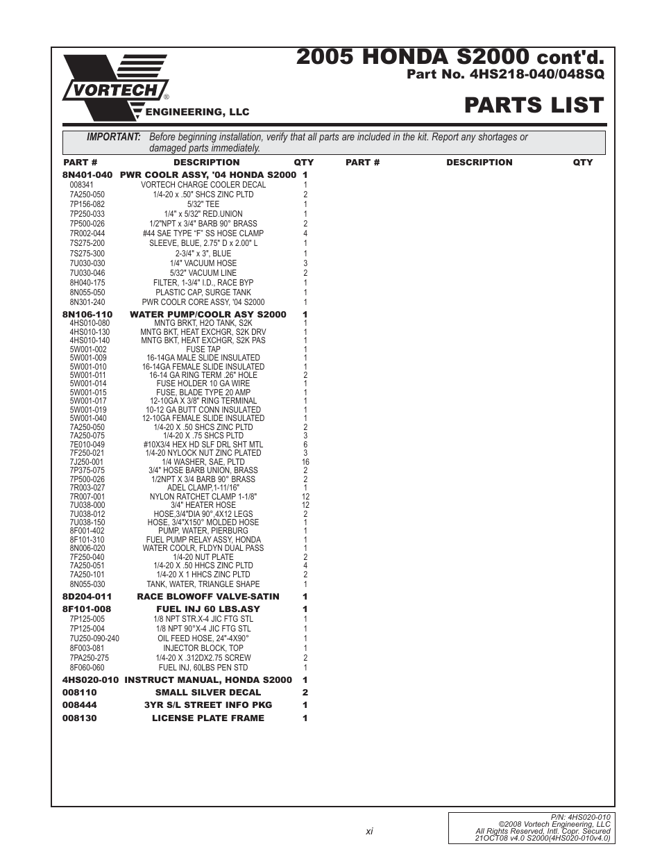 Parts list, Cont'd | Vortech 2000-2008 Honda S2000 User Manual | Page 11 / 52