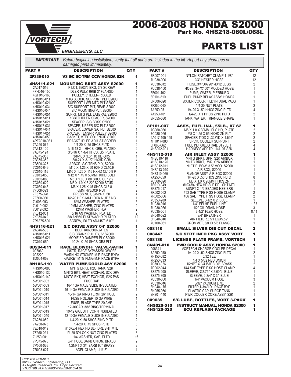Parts list | Vortech 2000-2008 Honda S2000 User Manual | Page 12 / 52