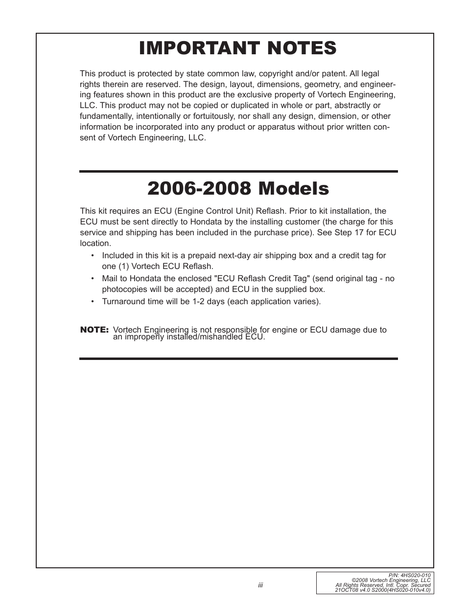 Vortech 2000-2008 Honda S2000 User Manual | Page 3 / 52