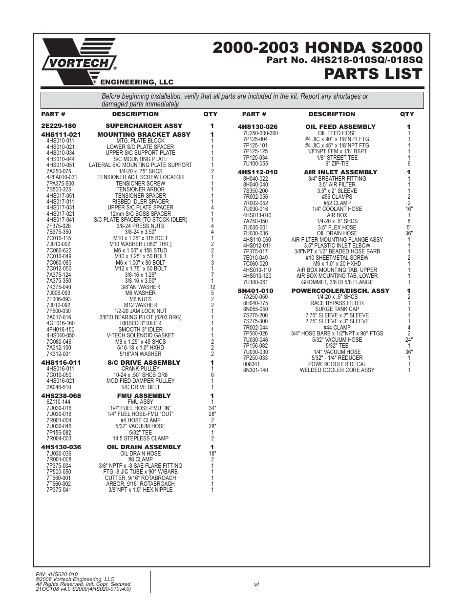 Parts list | Vortech 2000-2008 Honda S2000 User Manual | Page 6 / 52