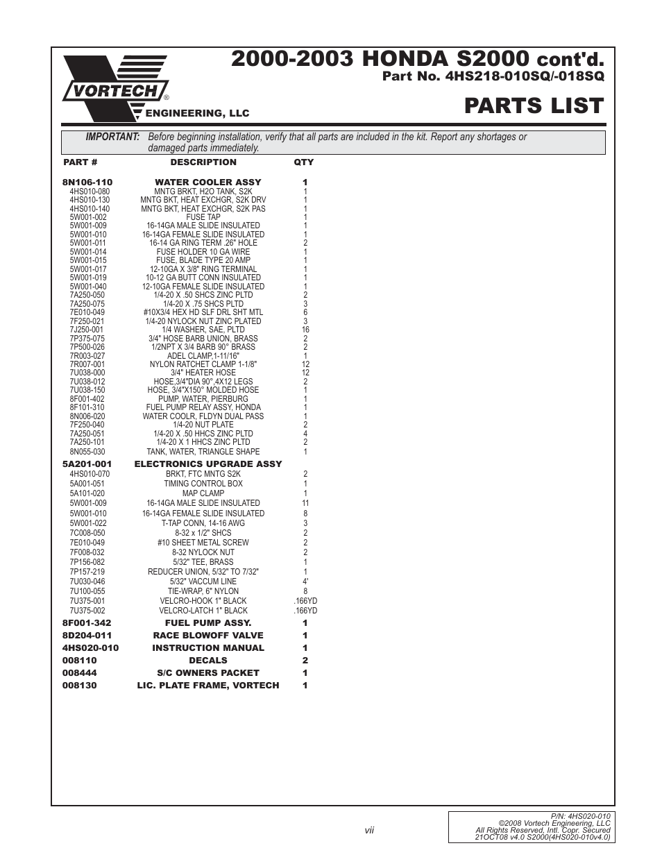 Parts list, Cont'd | Vortech 2000-2008 Honda S2000 User Manual | Page 7 / 52