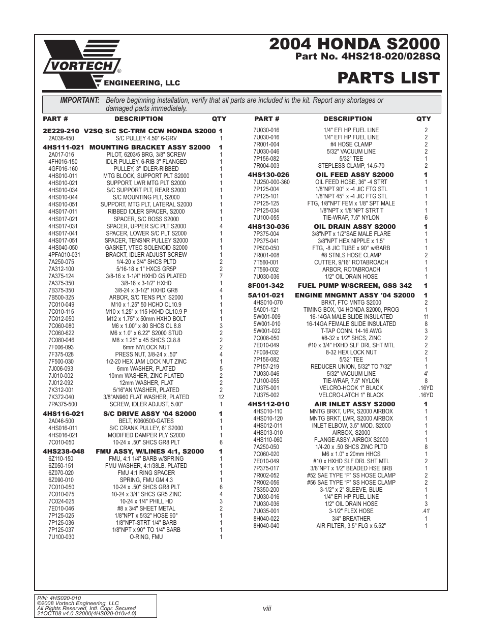 Parts list | Vortech 2000-2008 Honda S2000 User Manual | Page 8 / 52