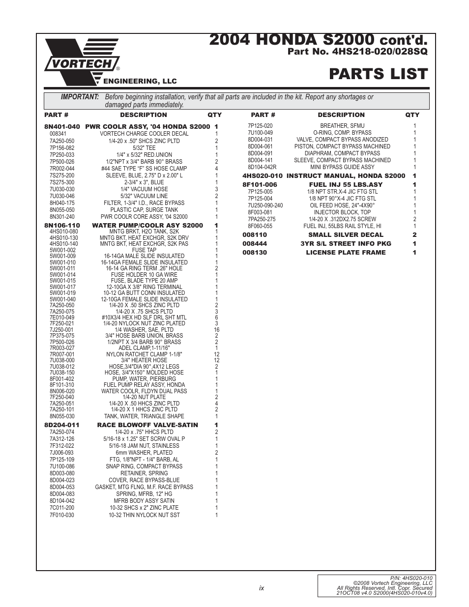 Parts list, Cont'd | Vortech 2000-2008 Honda S2000 User Manual | Page 9 / 52