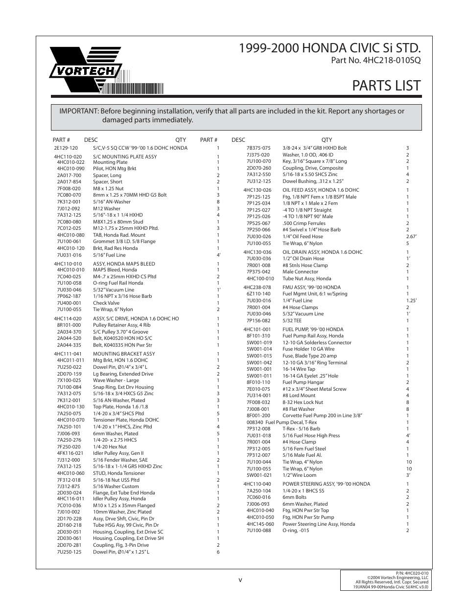 Parts list | Vortech 1999-2000 Honda Civic Si User Manual | Page 5 / 28