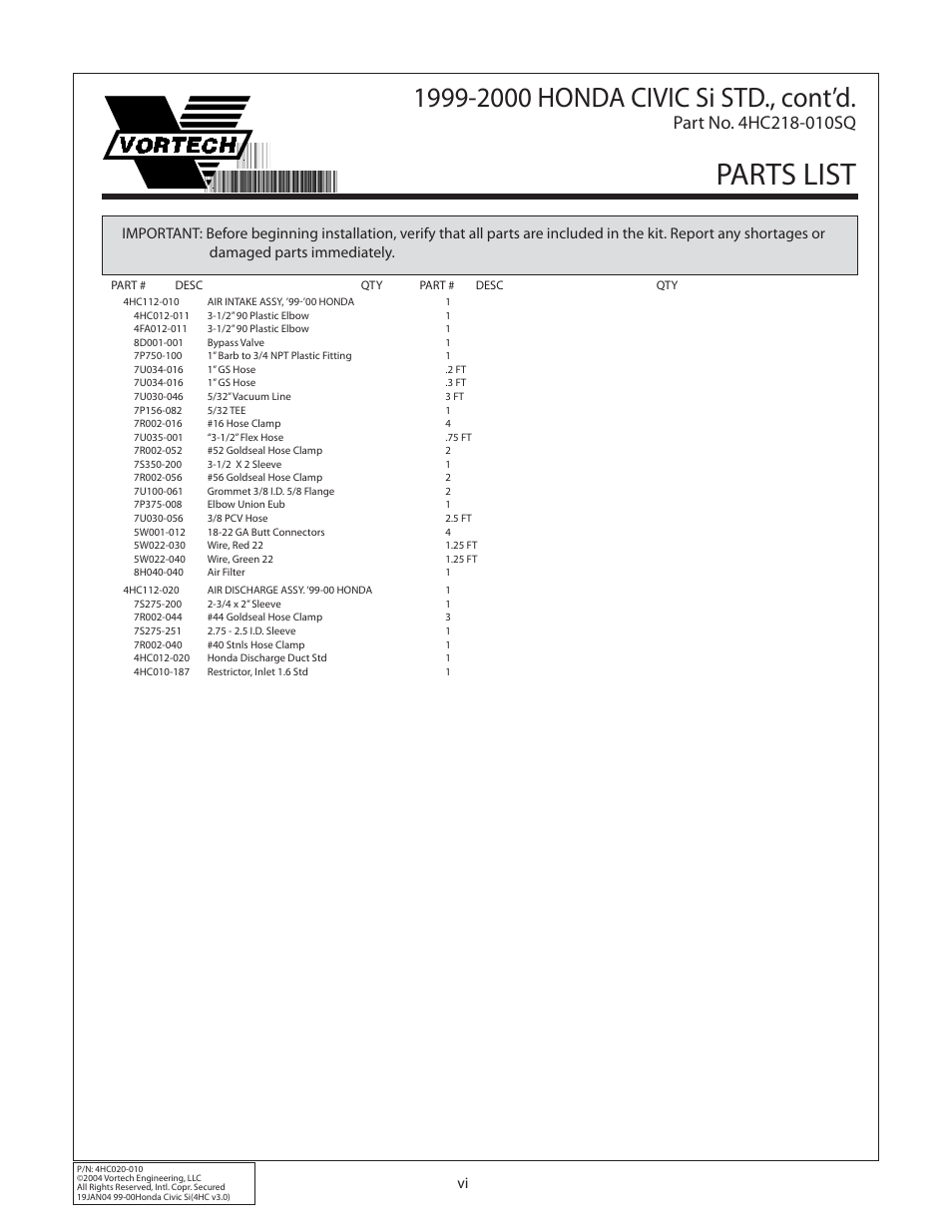 Parts list | Vortech 1999-2000 Honda Civic Si User Manual | Page 6 / 28
