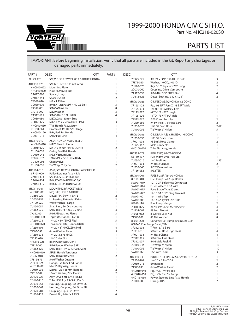 Parts list | Vortech 1999-2000 Honda Civic Si User Manual | Page 7 / 28