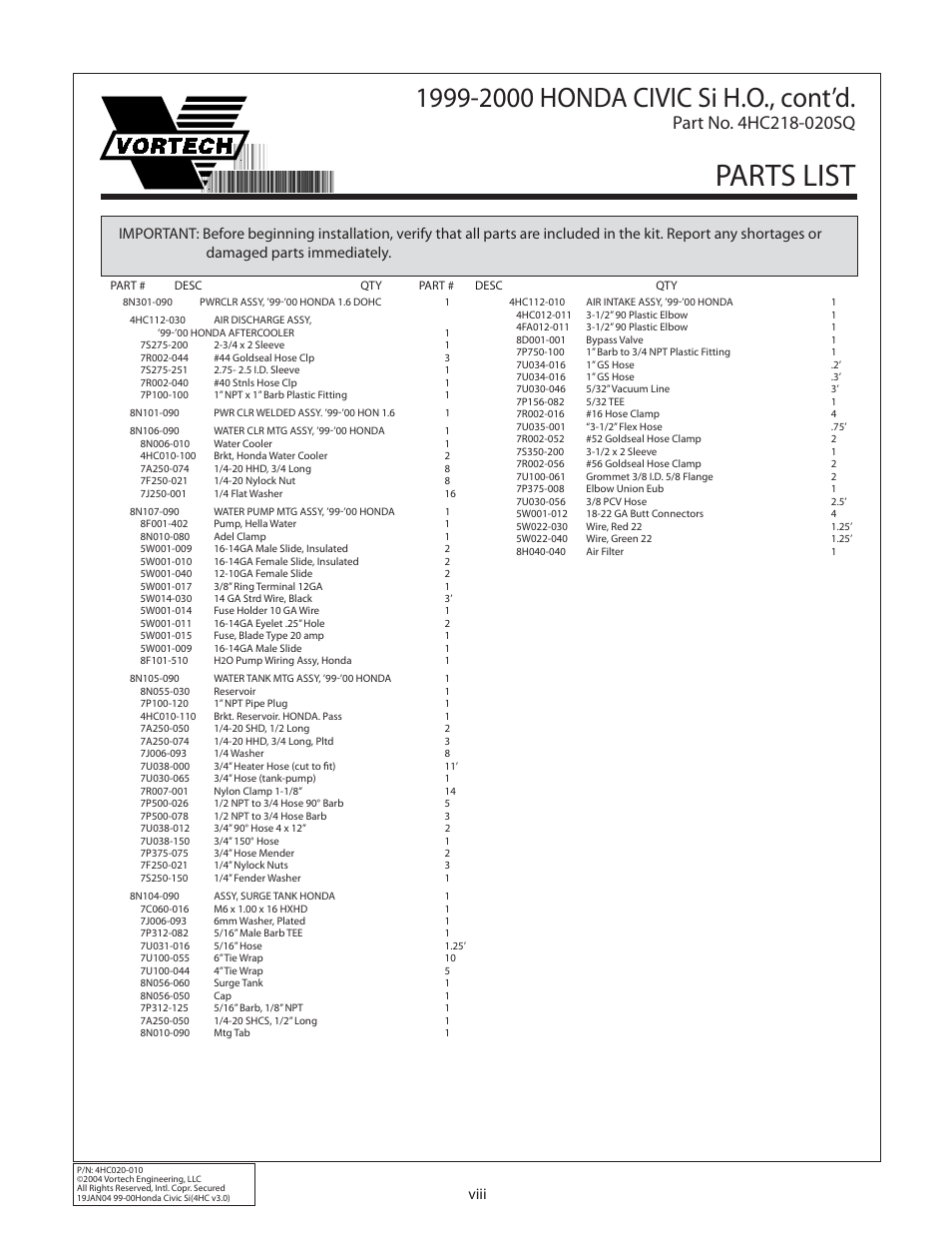 Parts list, Viii | Vortech 1999-2000 Honda Civic Si User Manual | Page 8 / 28