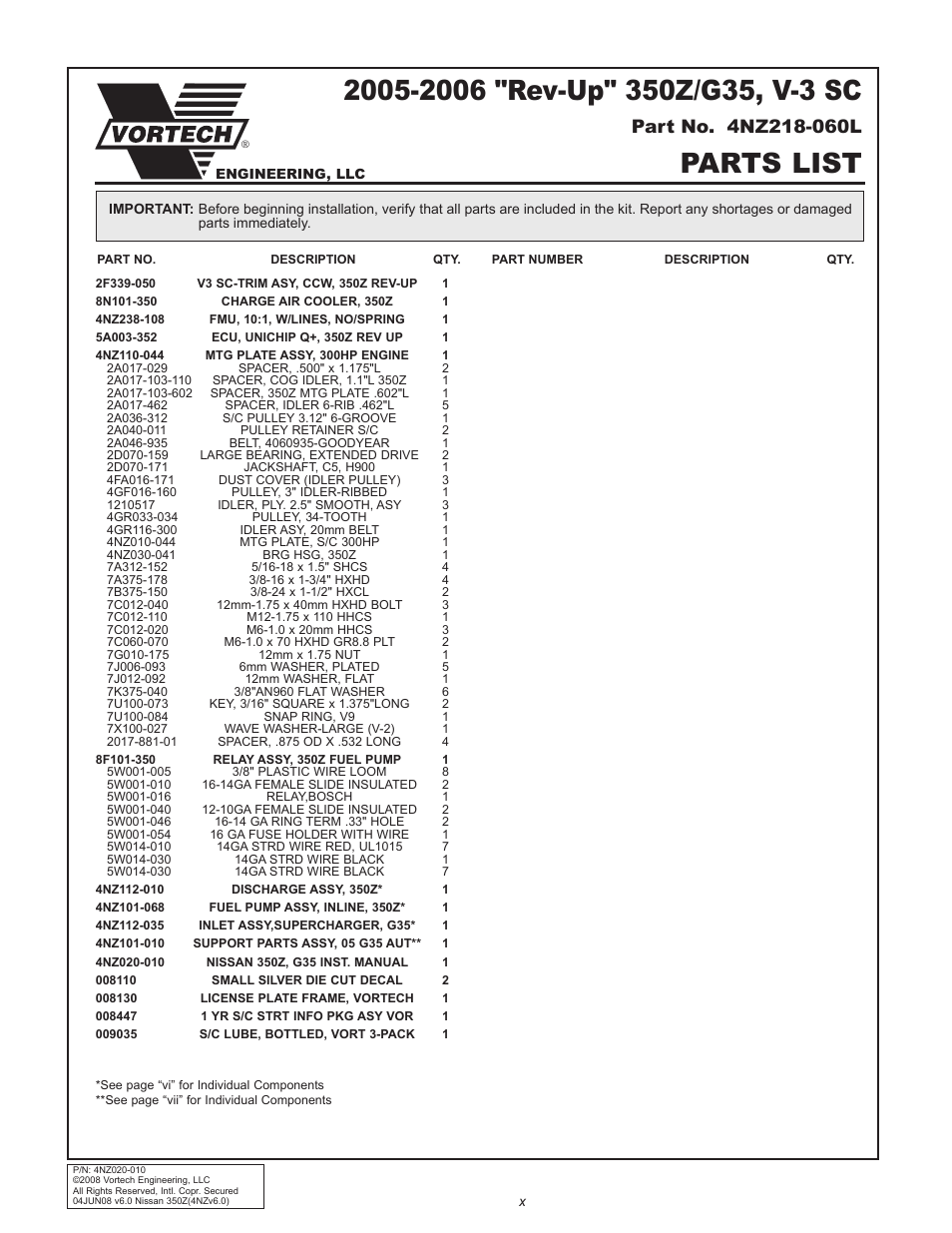 Parts list | Vortech 2003-2006 G35 User Manual | Page 10 / 38
