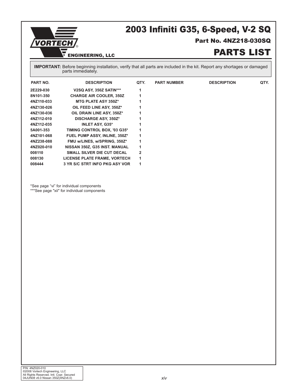 Parts list | Vortech 2003-2006 G35 User Manual | Page 14 / 38