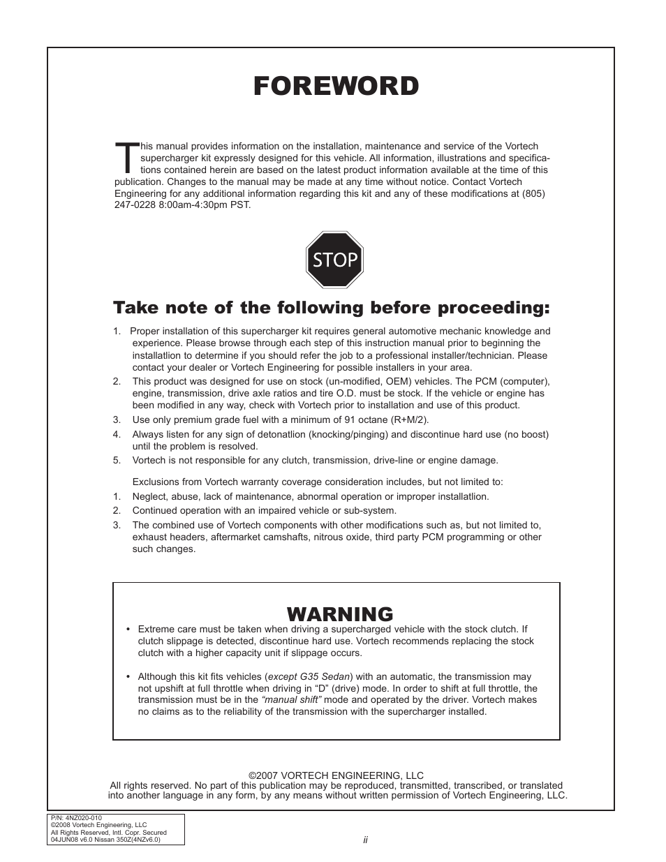 Foreword, Warning | Vortech 2003-2006 G35 User Manual | Page 2 / 38