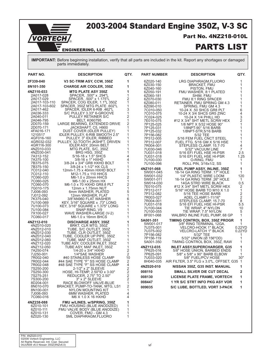 Parts list | Vortech 2003-2006 G35 User Manual | Page 6 / 38