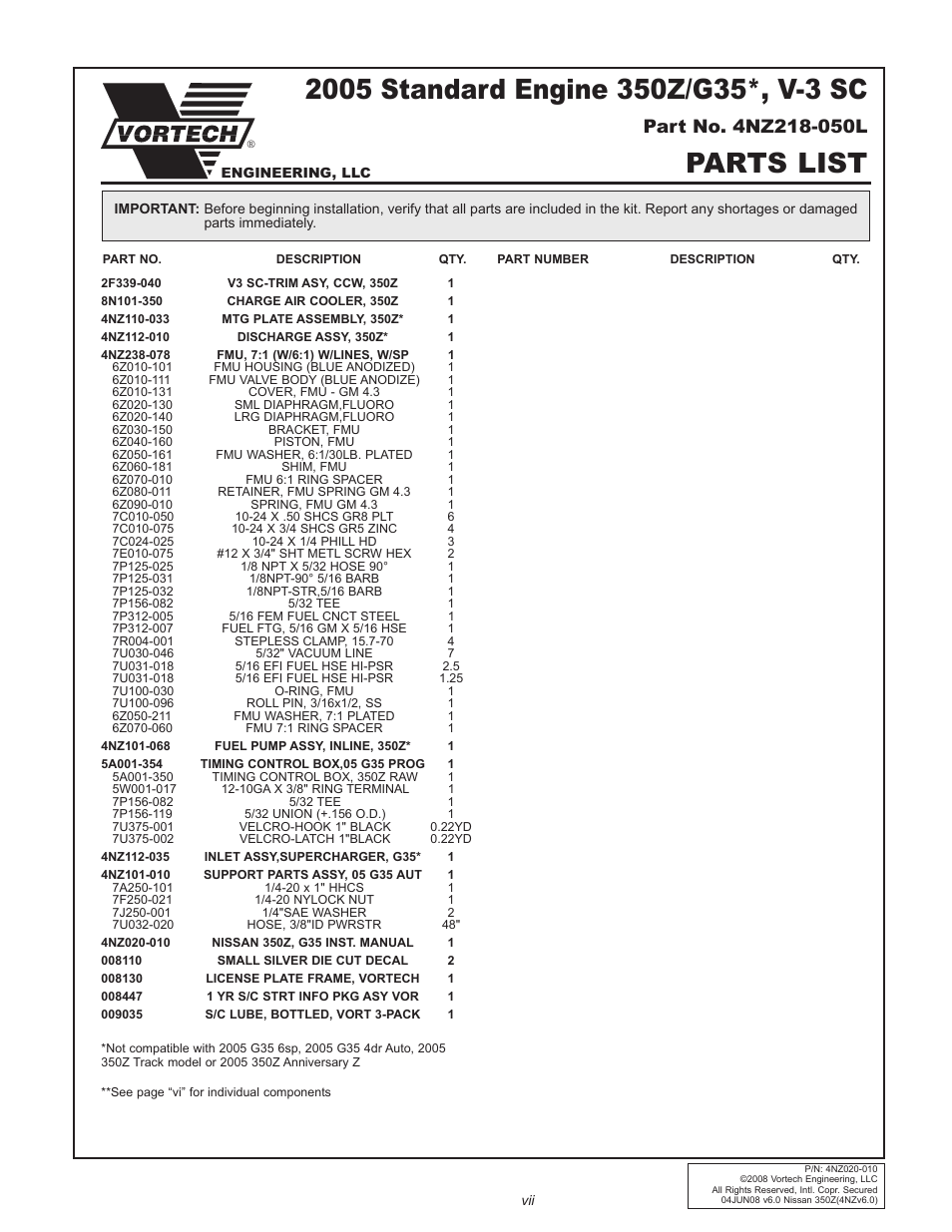 Parts list | Vortech 2003-2006 G35 User Manual | Page 7 / 38