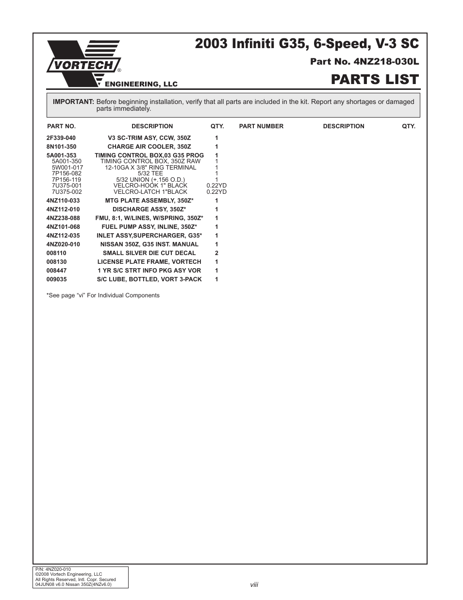 Parts list | Vortech 2003-2006 G35 User Manual | Page 8 / 38