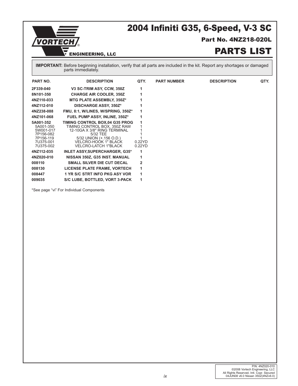 Parts list | Vortech 2003-2006 G35 User Manual | Page 9 / 38
