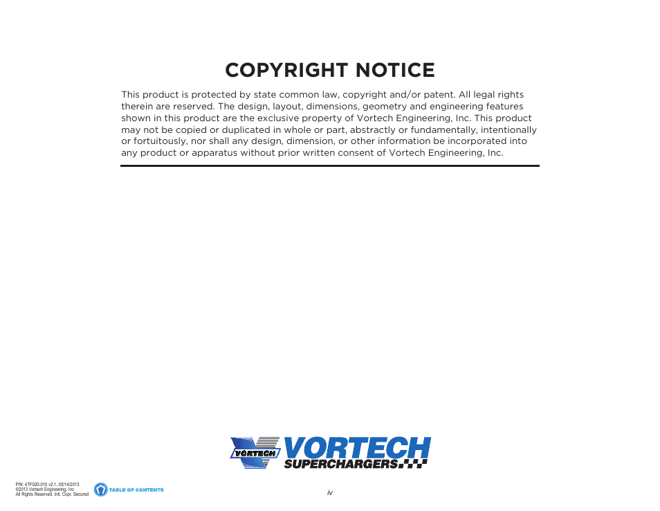 Copyright notice | Vortech 2013 Scion FR-S and Subaru BRZ User Manual | Page 4 / 49