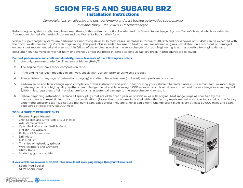 Scion fr-s and subaru brz, Installation instructions | Vortech 2013 Scion FR-S and Subaru BRZ User Manual | Page 5 / 49