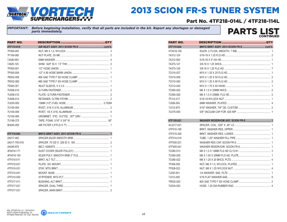 2013 scion fr-s tuner system, Parts list | Vortech 2013 Scion FR-S and Subaru BRZ User Manual | Page 7 / 49