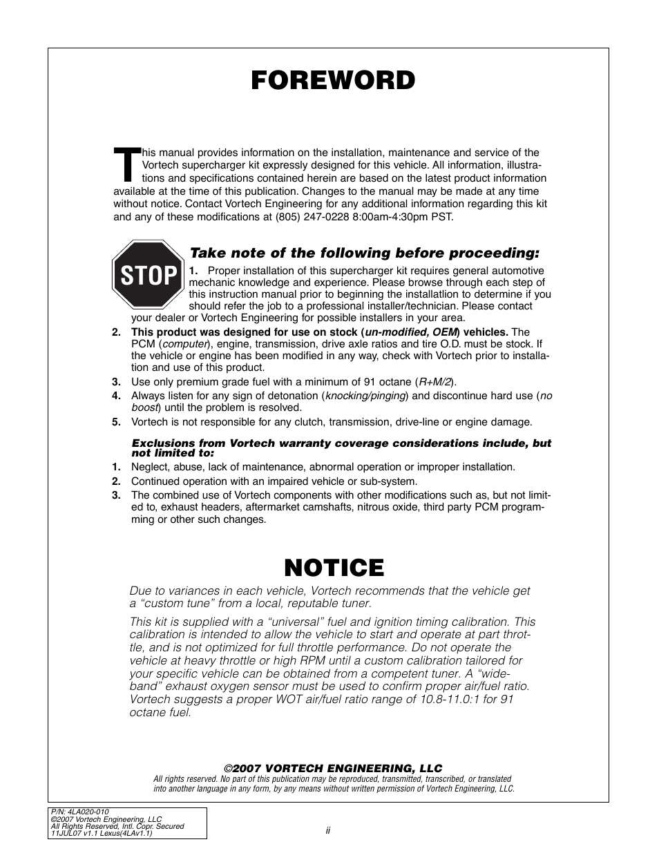 Foreword, Stop, Notice | Vortech 2003-2005 Lexus 3.0L IS300 User Manual | Page 2 / 38