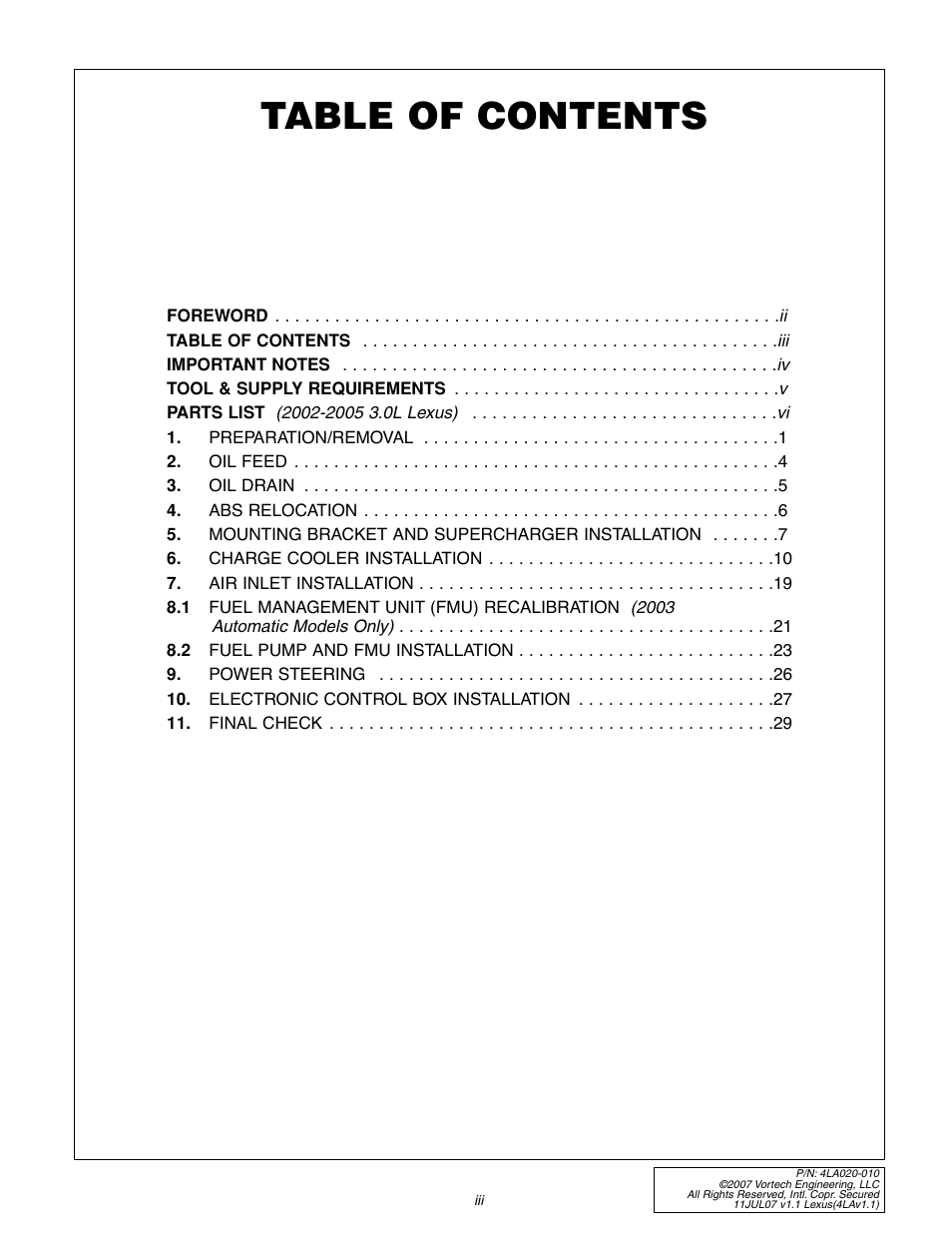 Vortech 2003-2005 Lexus 3.0L IS300 User Manual | Page 3 / 38